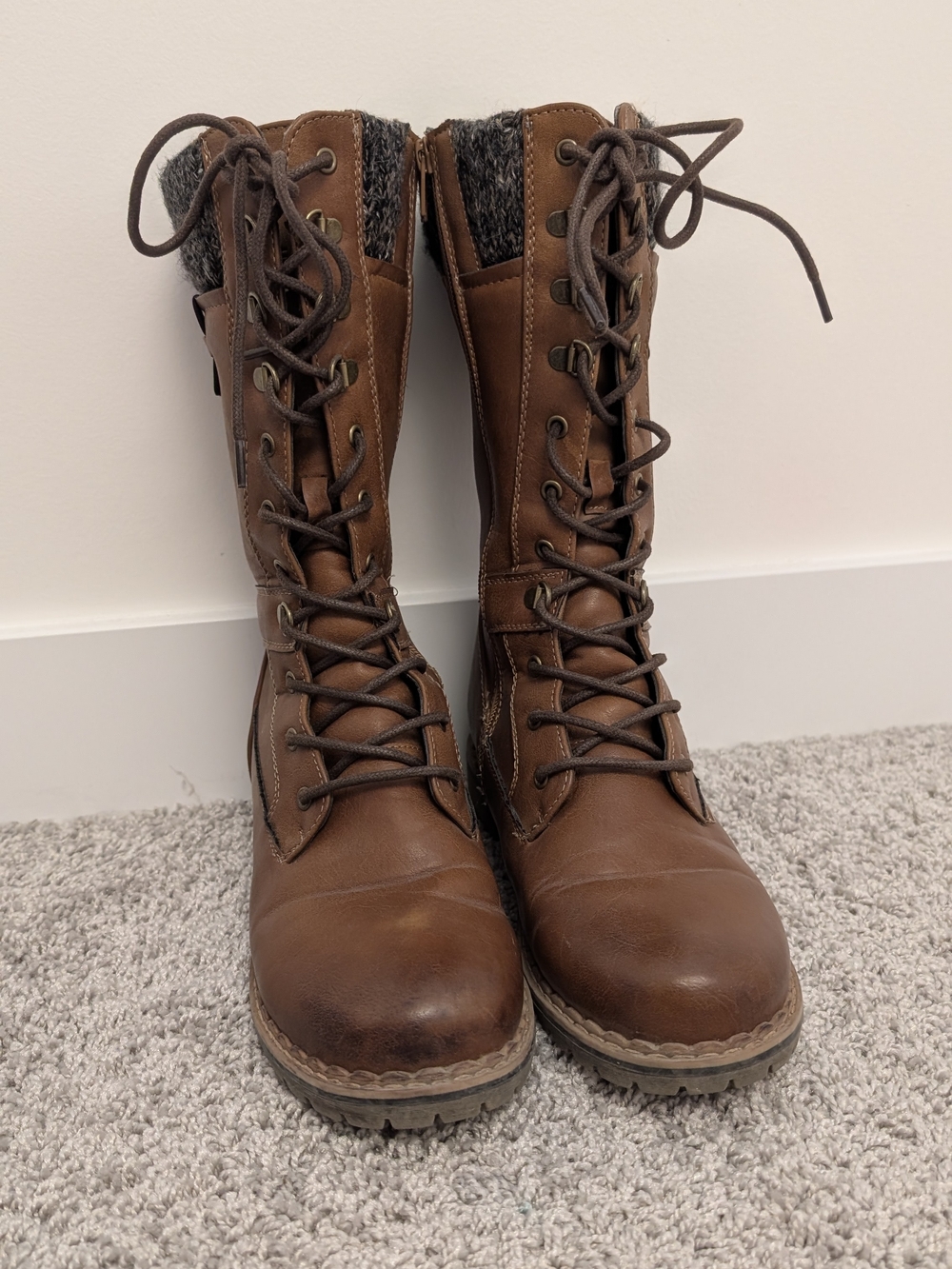 Denver Hayes Brown Lace-Up Tall faux Leather Boots With Knit Collar